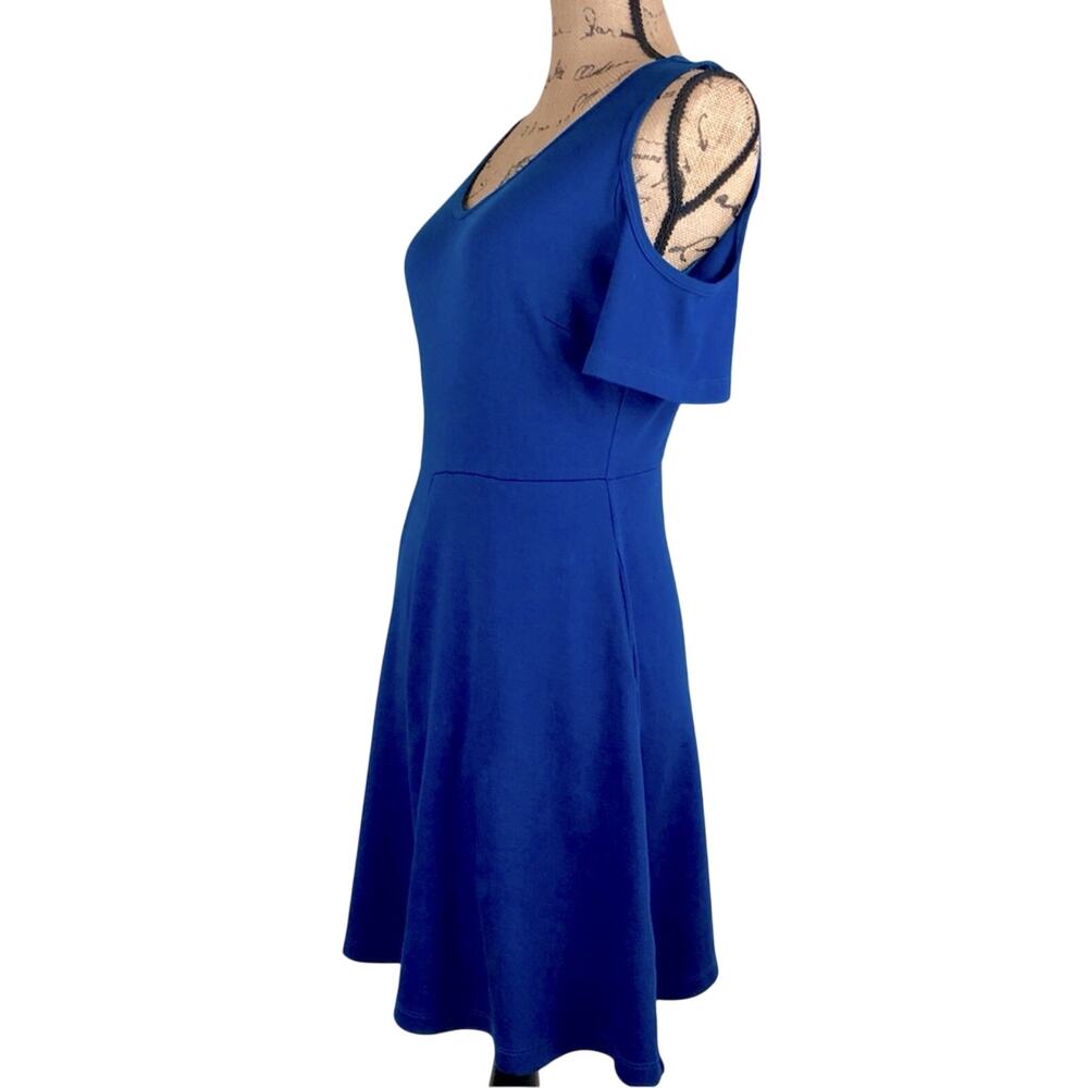 New York & Company Cobalt Blue Cold Shoulder Dress Flattering Fit & Flare Design - Picture 13 of 16